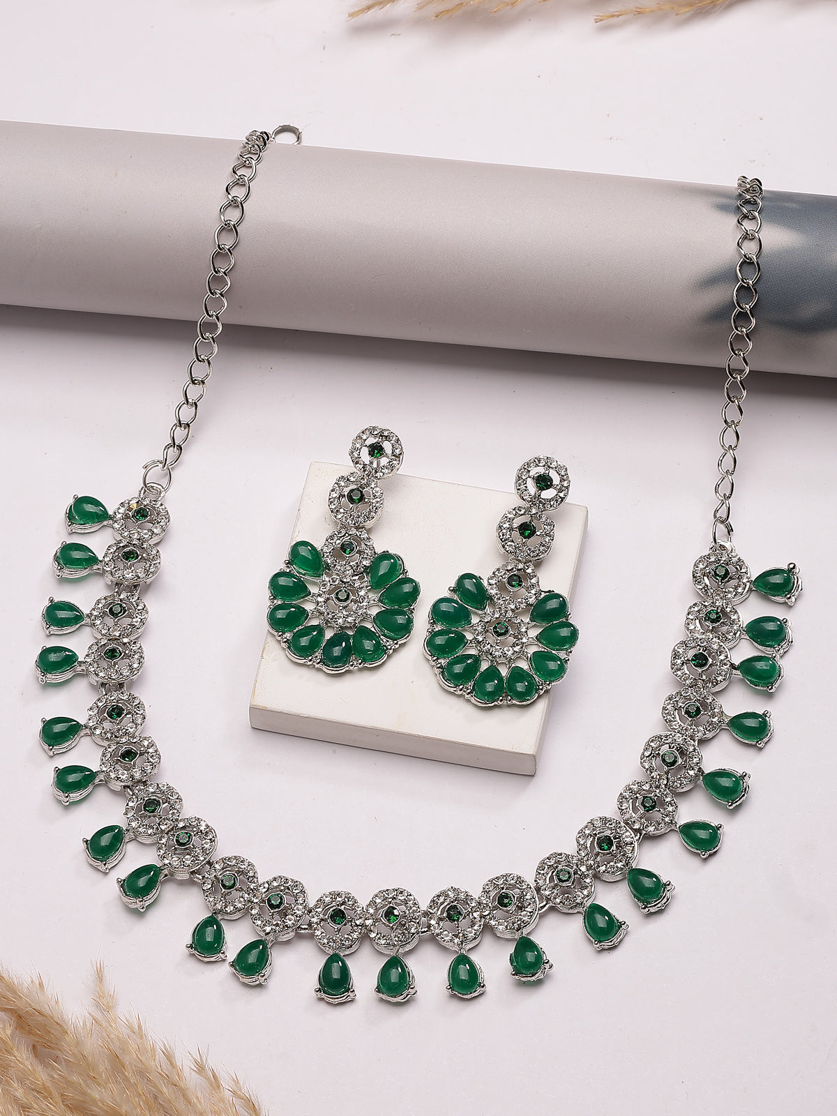 Sukkhi Elegant Fashion Design Rhodium Silver Plated Kundan & American Diamond Studded Green Choker Necklace with Dangle Earrings Jewellery For Women & Girls|NS107377