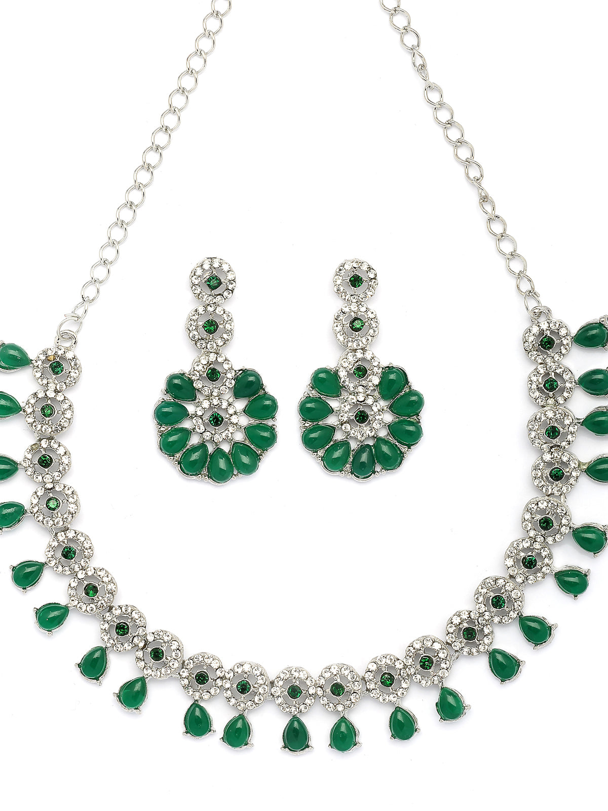 Sukkhi Elegant Fashion Design Rhodium Silver Plated Kundan & American Diamond Studded Green Choker Necklace with Dangle Earrings Jewellery For Women & Girls|NS107377
