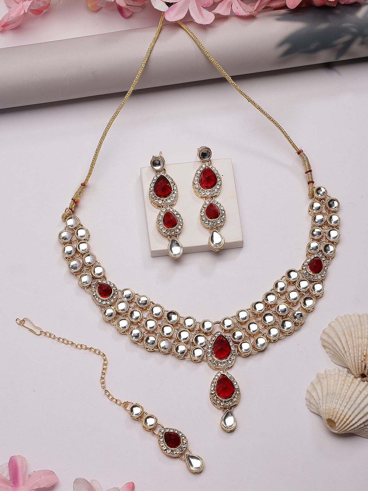 Sukkhi Elegant Stylish Gold Plated Kundan Studded Red Choker Necklace with Drop Earring Maangtikka Jewellery Set for Women & Girls|NS107378
