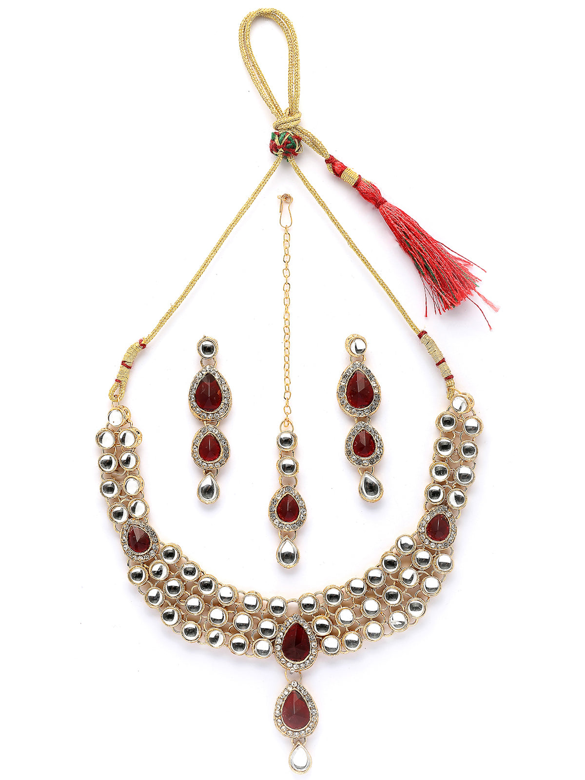 Sukkhi Elegant Stylish Gold Plated Kundan Studded Red Choker Necklace with Drop Earring Maangtikka Jewellery Set for Women & Girls|NS107378