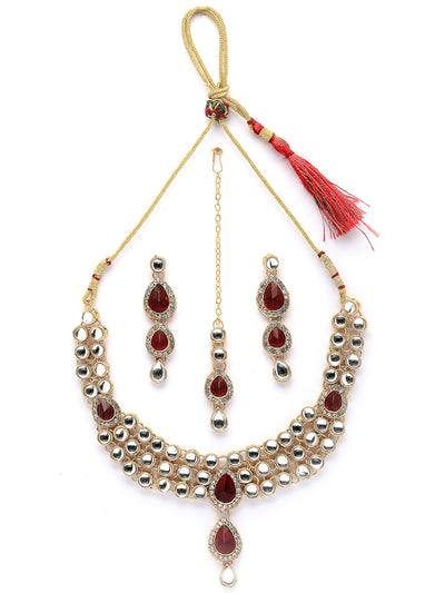 Sukkhi Elegant Stylish Gold Plated Kundan Studded Red Choker Necklace with Drop Earring Maangtikka Jewellery Set for Women & Girls|NS107378