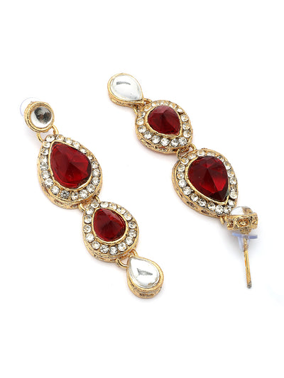 Sukkhi Elegant Stylish Gold Plated Kundan Studded Red Choker Necklace with Drop Earring Maangtikka Jewellery Set for Women & Girls|NS107378
