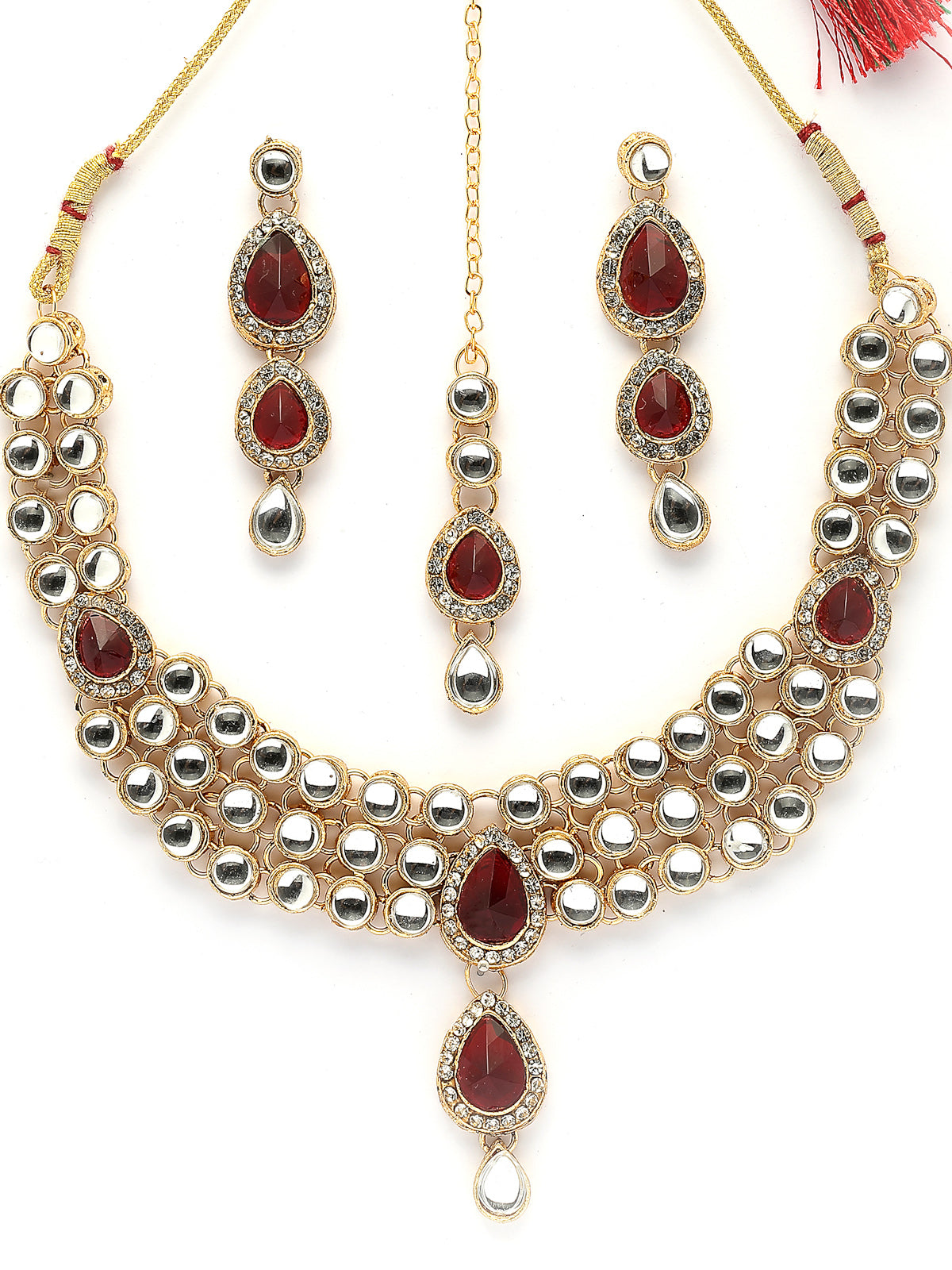 Sukkhi Elegant Stylish Gold Plated Kundan Studded Red Choker Necklace with Drop Earring Maangtikka Jewellery Set for Women & Girls|NS107378