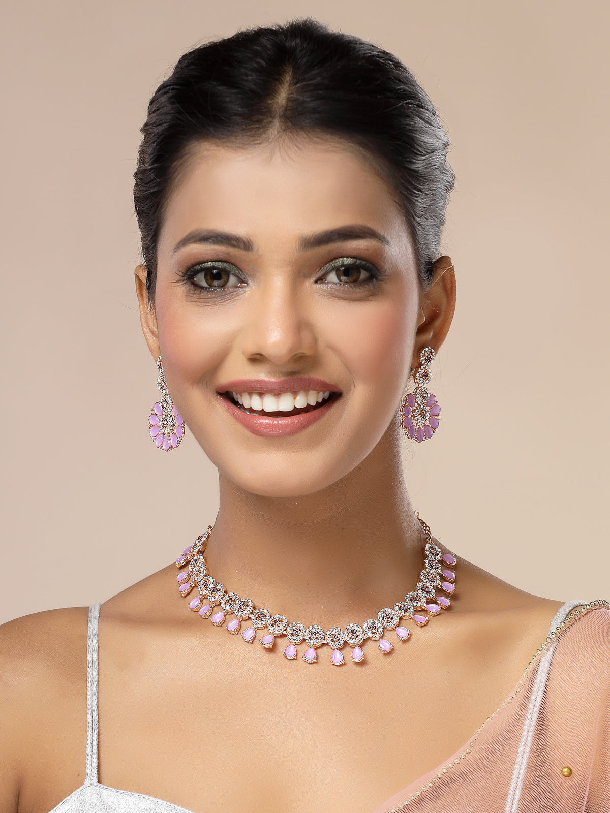 Sukkhi Lovely Fashionable Gold Plated Kundan & American Diamond Studded Pink Purple Choker Necklace With Dangle Earrings Jewellery Set for Women & Girls|NS107379
