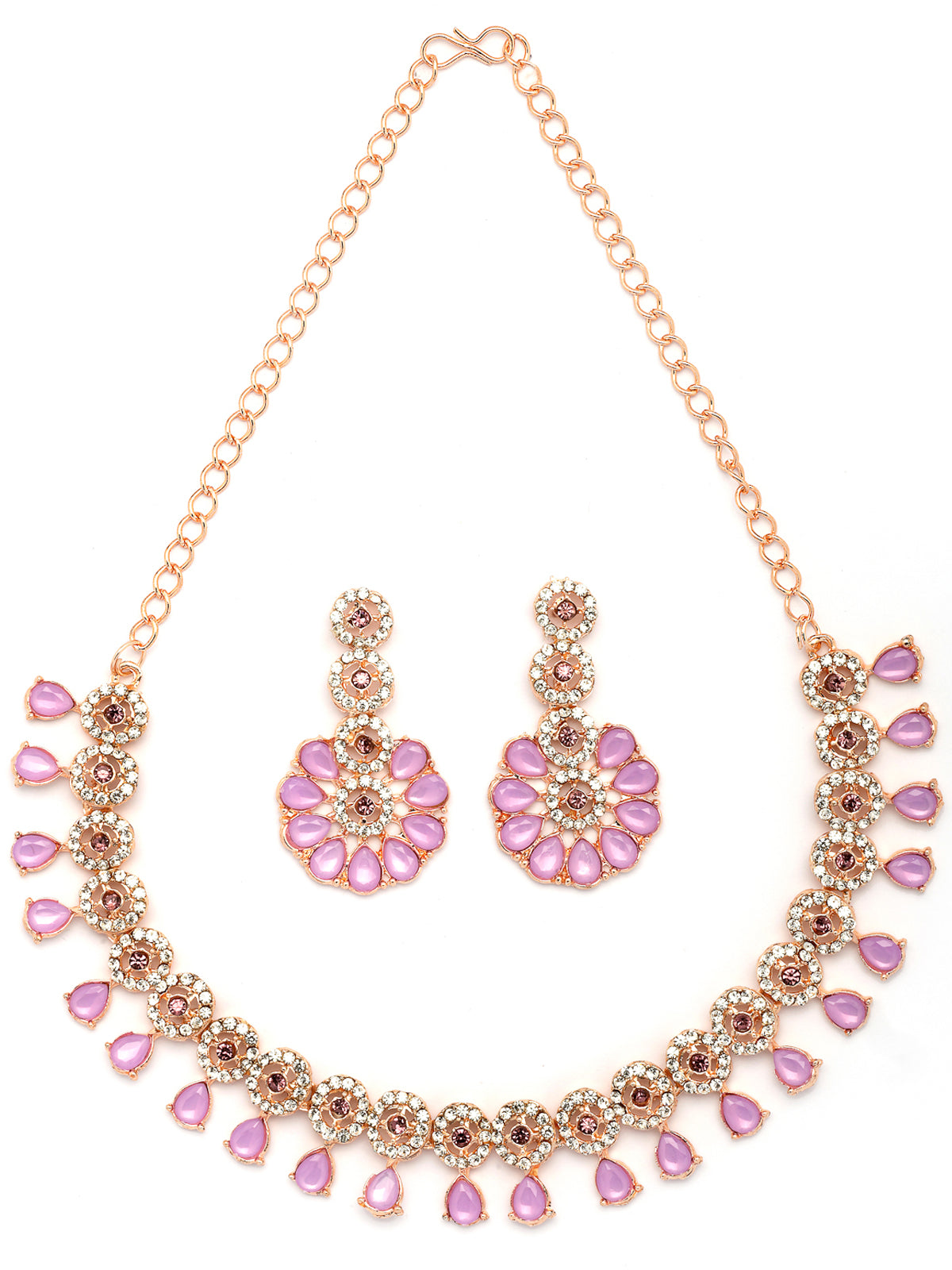 Sukkhi Lovely Fashionable Gold Plated Kundan & American Diamond Studded Pink Purple Choker Necklace With Dangle Earrings Jewellery Set for Women & Girls|NS107379