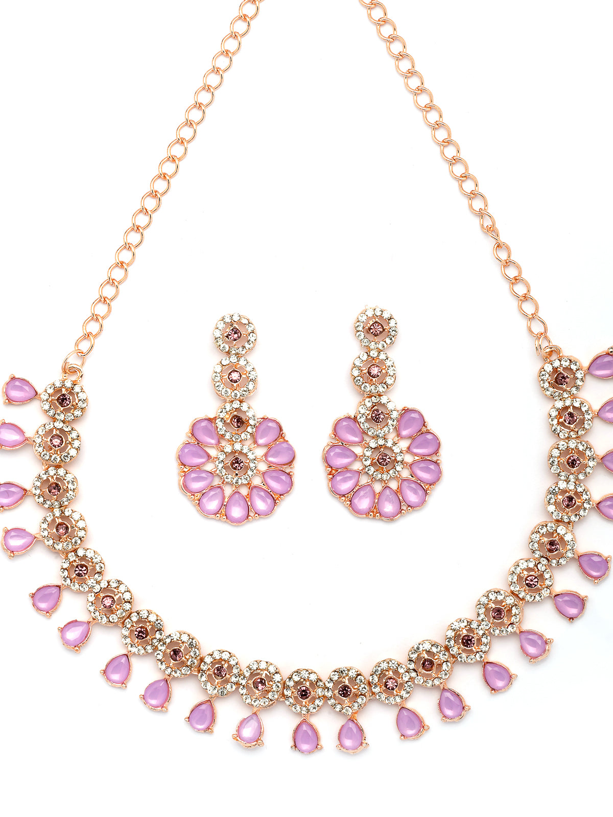 Sukkhi Lovely Fashionable Gold Plated Kundan & American Diamond Studded Pink Purple Choker Necklace With Dangle Earrings Jewellery Set for Women & Girls|NS107379