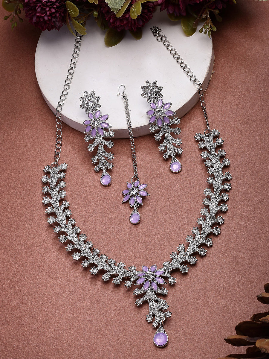 Sukkhi Charming AD Diamonds Studded Rhodium Silver Plated Purple Floral Choker Necklace with Danlge Earrings Maangtikka Jewellery Set for Women & Girls|NS107380