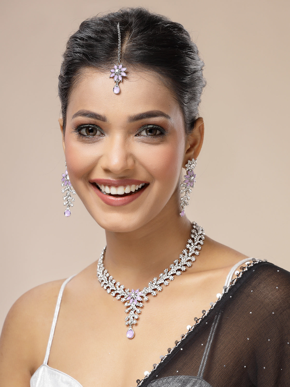 Sukkhi Charming AD Diamonds Studded Rhodium Silver Plated Purple Floral Choker Necklace with Danlge Earrings Maangtikka Jewellery Set for Women & Girls|NS107380