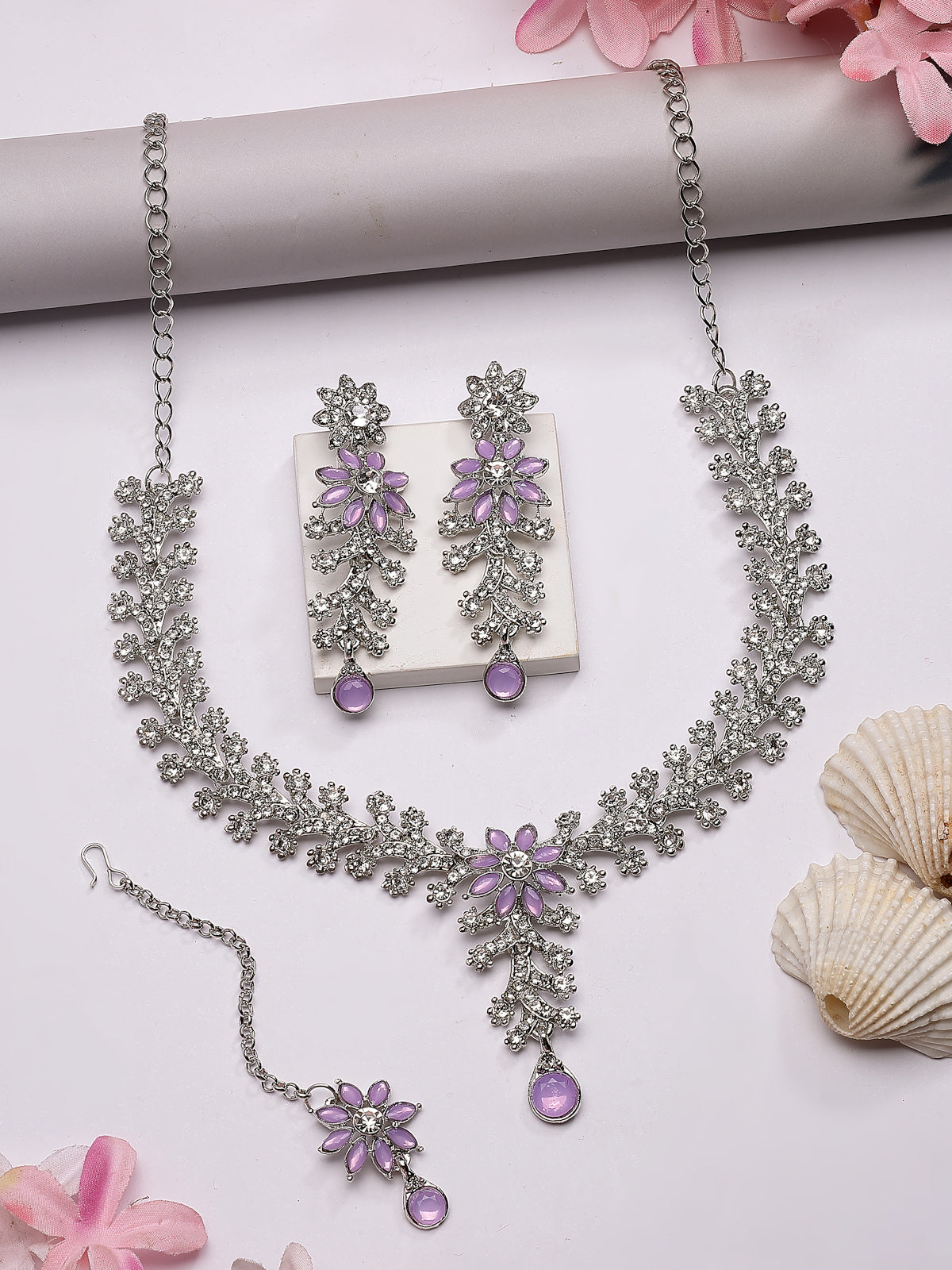 Sukkhi Charming AD Diamonds Studded Rhodium Silver Plated Purple Floral Choker Necklace with Danlge Earrings Maangtikka Jewellery Set for Women & Girls|NS107380