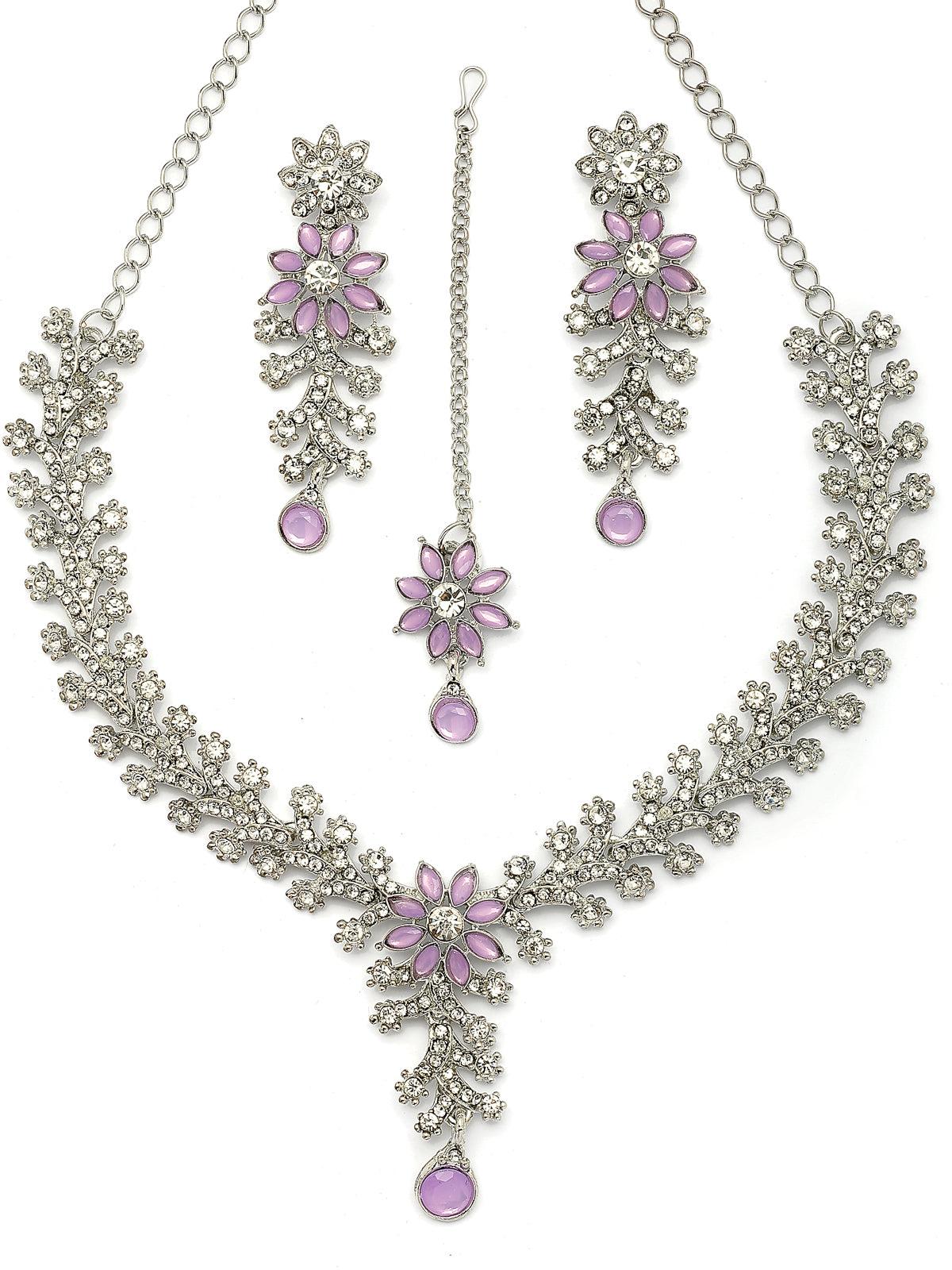 Sukkhi Charming AD Diamonds Studded Rhodium Silver Plated Purple Floral Choker Necklace with Danlge Earrings Maangtikka Jewellery Set for Women & Girls|NS107380