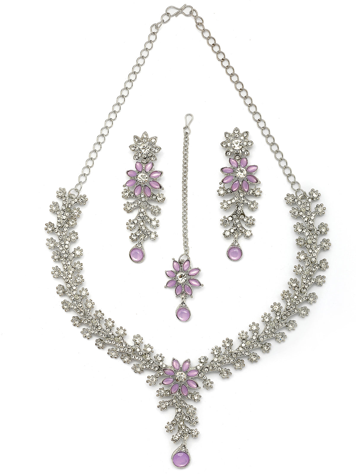Sukkhi Charming AD Diamonds Studded Rhodium Silver Plated Purple Floral Choker Necklace with Danlge Earrings Maangtikka Jewellery Set for Women & Girls|NS107380