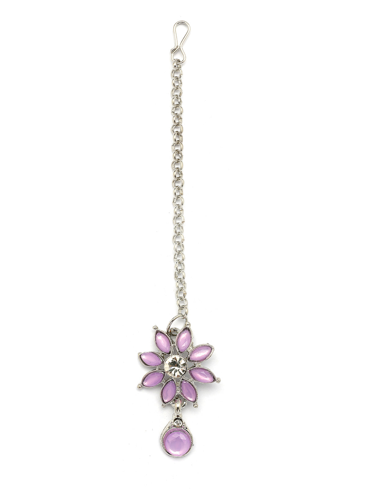 Sukkhi Charming AD Diamonds Studded Rhodium Silver Plated Purple Floral Choker Necklace with Danlge Earrings Maangtikka Jewellery Set for Women & Girls|NS107380