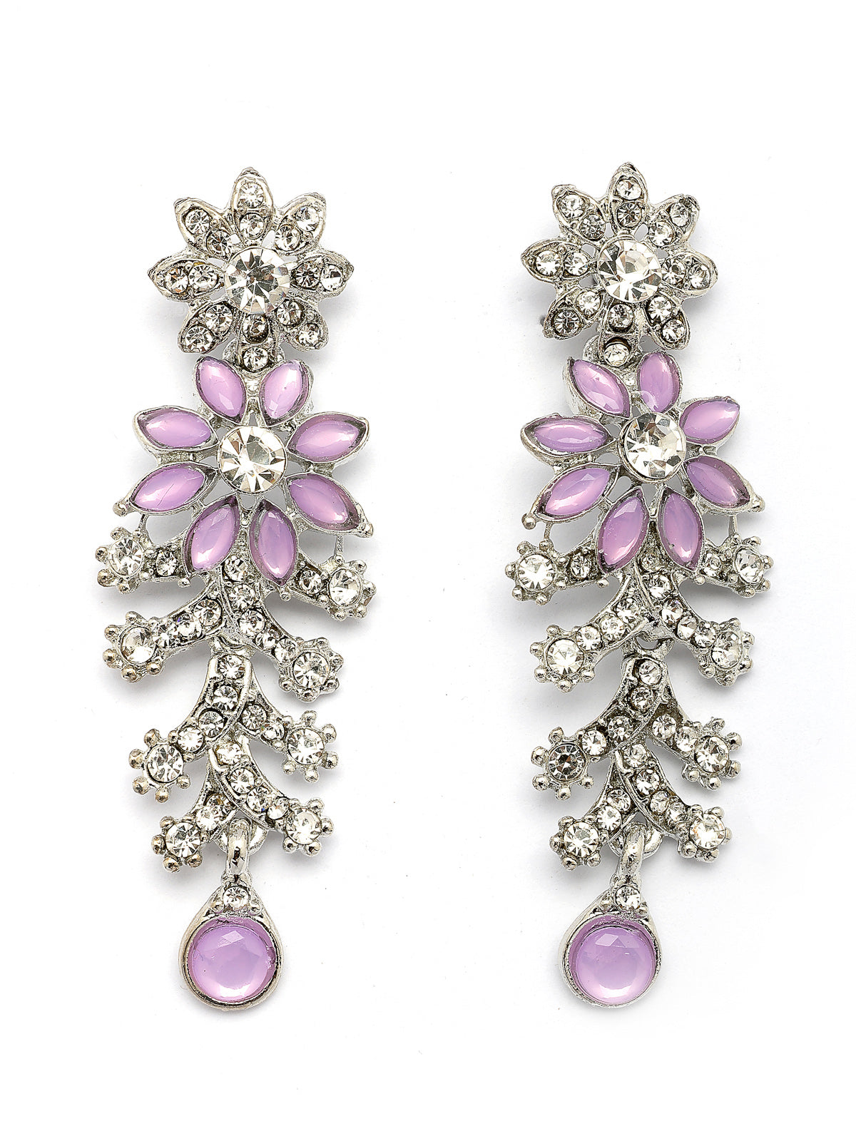 Sukkhi Charming AD Diamonds Studded Rhodium Silver Plated Purple Floral Choker Necklace with Danlge Earrings Maangtikka Jewellery Set for Women & Girls|NS107380