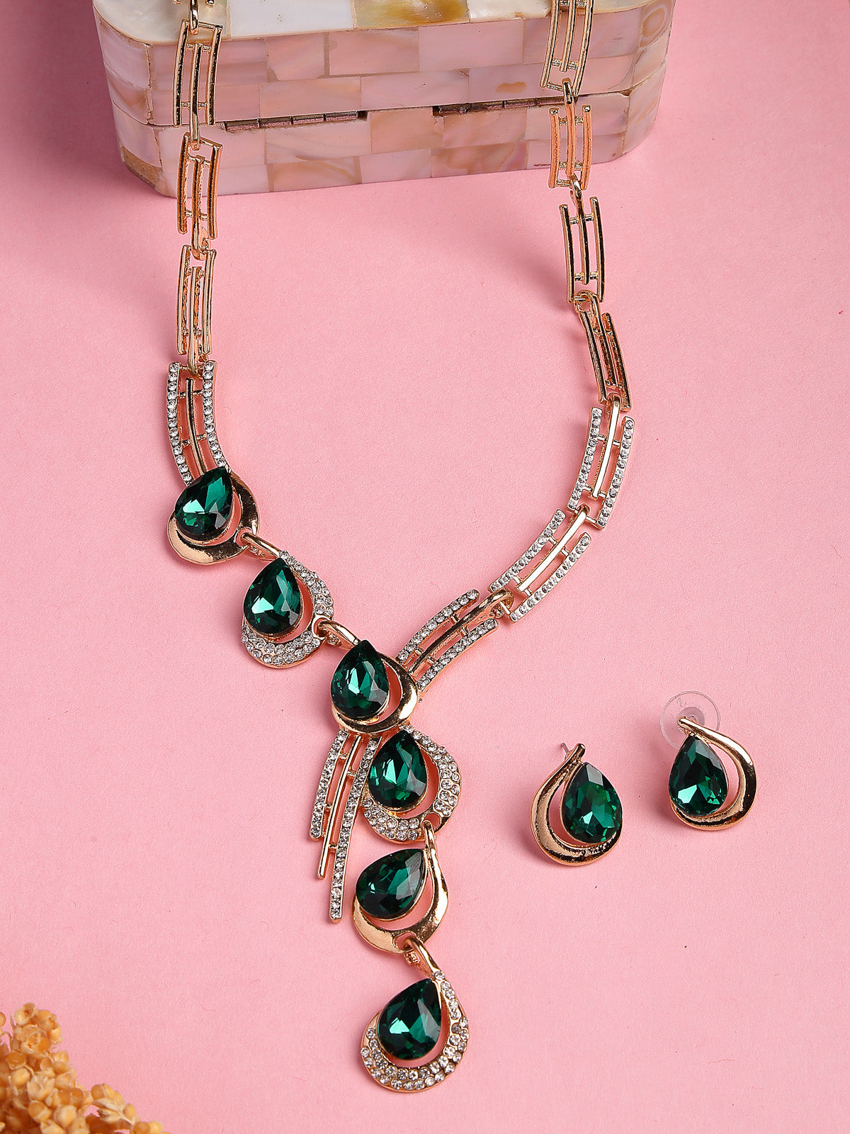 Sukkhi Celebrity Inspired Stylish AD Stone Studded Gold Plated Green Drop Style Choker Necklace With Studs Earring Jewellery Set for Women & Girls|NS107381