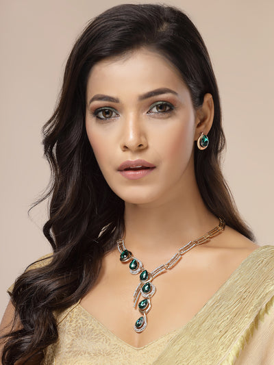 Sukkhi Celebrity Inspired Stylish AD Stone Studded Gold Plated Green Drop Style Choker Necklace With Studs Earring Jewellery Set for Women & Girls|NS107381