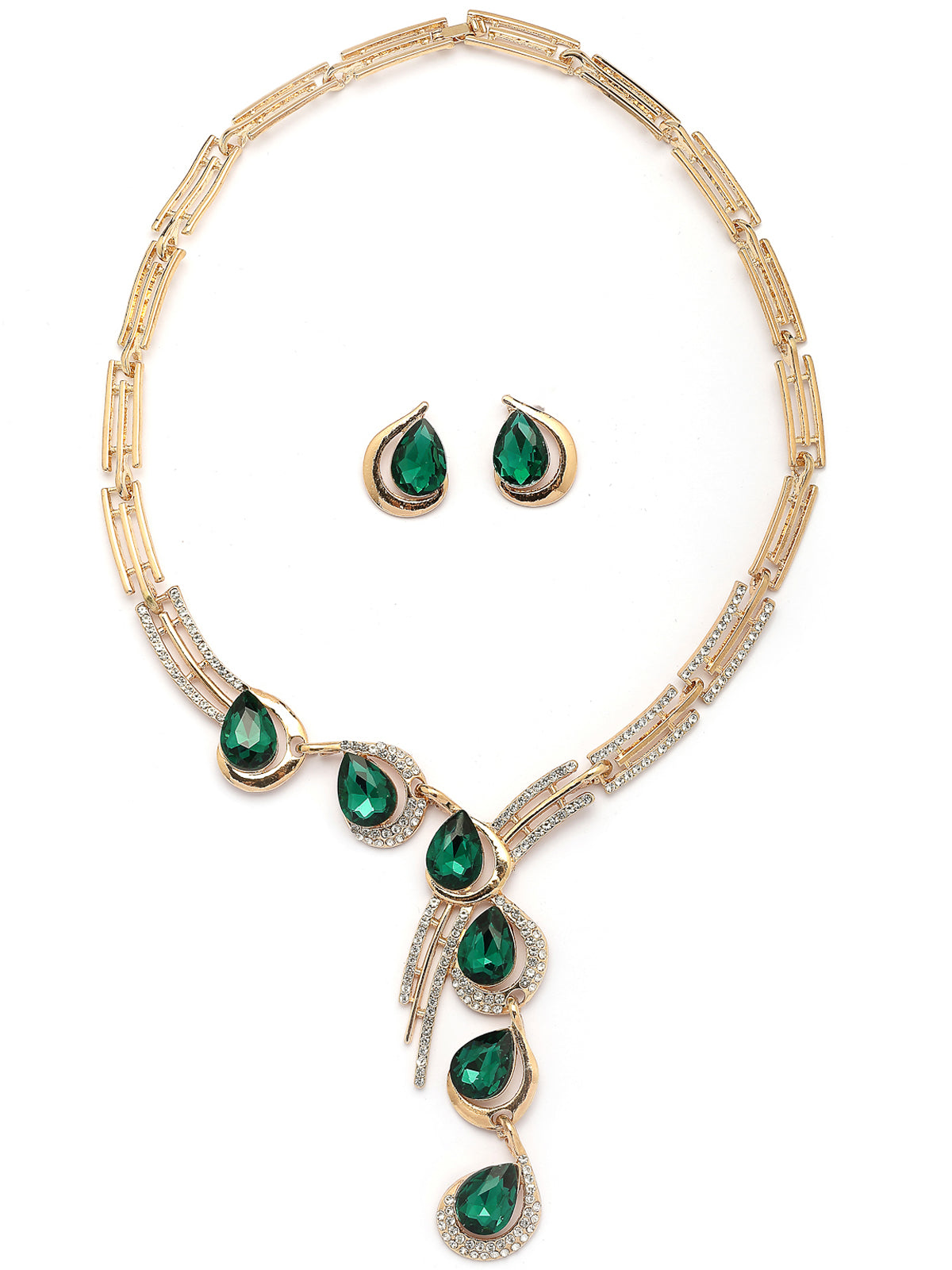 Sukkhi Celebrity Inspired Stylish AD Stone Studded Gold Plated Green Drop Style Choker Necklace With Studs Earring Jewellery Set for Women & Girls|NS107381