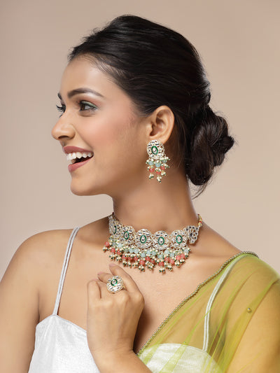 Sukkhi Elegant Fashion Design Gold Plated Pink Green Beads Cluster Drop Kundan Studded Along with Meenakari Work Choker Necklace Drop Earrings & Ring Jewellery For Women & Girls|NS107384