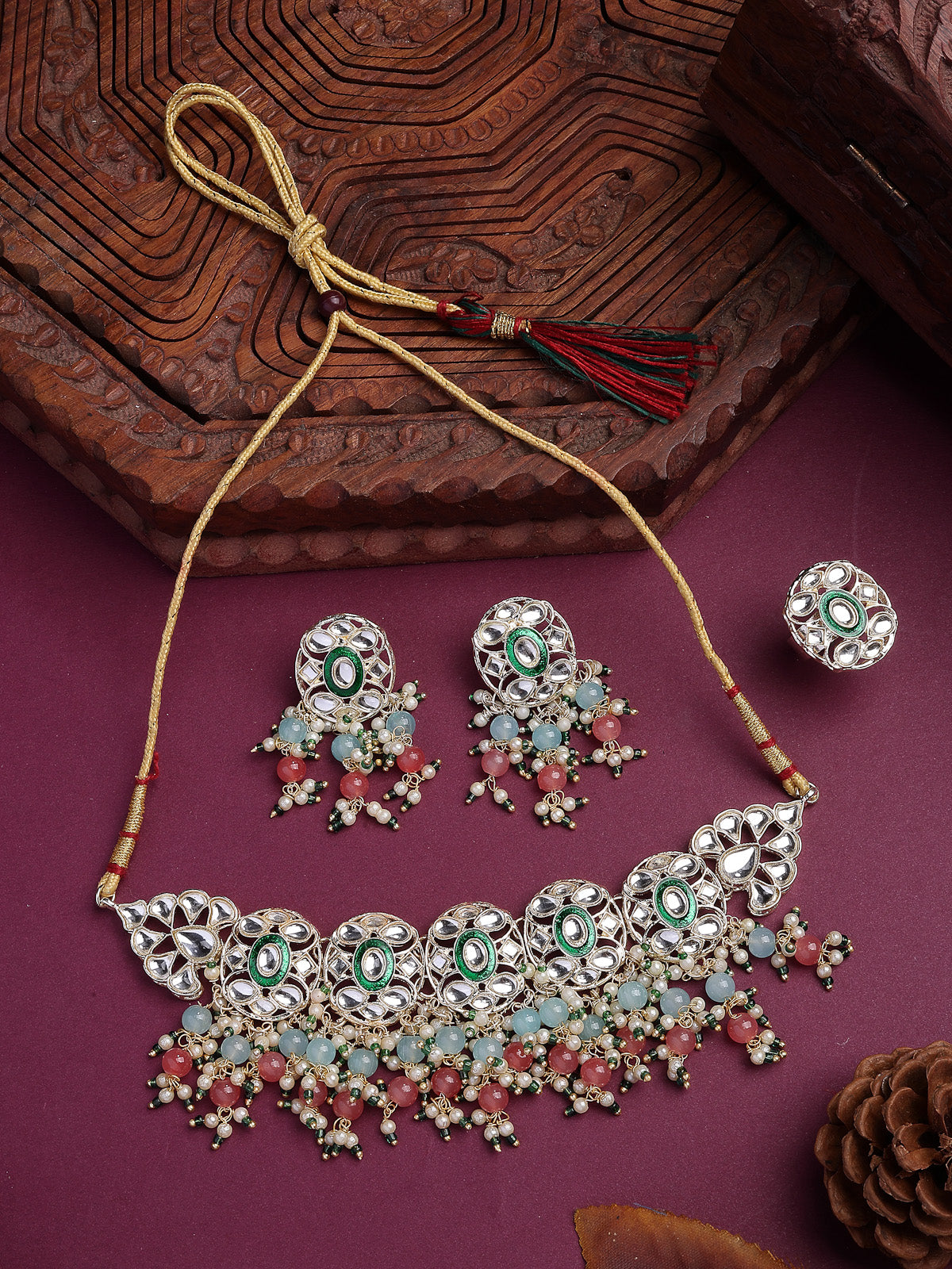Sukkhi Elegant Fashion Design Gold Plated Pink Green Beads Cluster Drop Kundan Studded Along with Meenakari Work Choker Necklace Drop Earrings & Ring Jewellery For Women & Girls|NS107384
