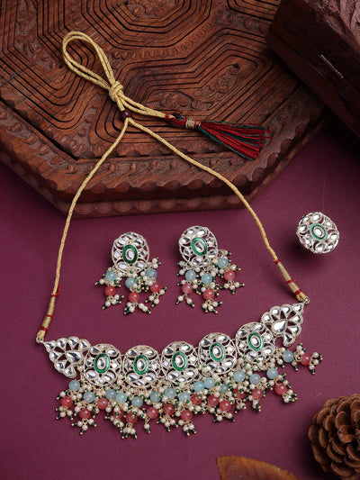 Sukkhi Elegant Fashion Design Gold Plated Pink Green Beads Cluster Drop Kundan Studded Along with Meenakari Work Choker Necklace Drop Earrings & Ring Jewellery For Women & Girls|NS107384