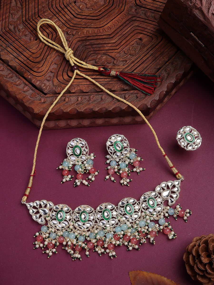 Sukkhi Elegant Fashion Design Gold Plated Pink Green Beads Cluster Drop Kundan Studded Along with Meenakari Work Choker Necklace Drop Earrings & Ring Jewellery For Women & Girls|NS107384