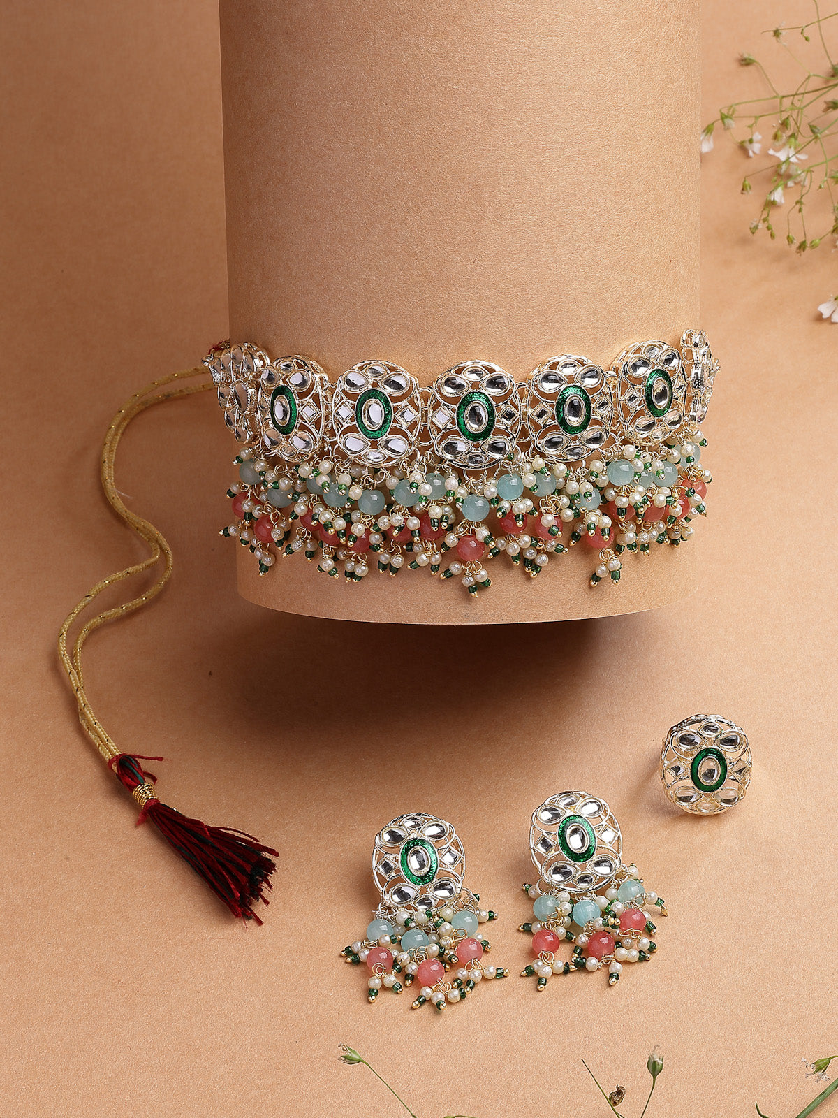 Sukkhi Elegant Fashion Design Gold Plated Pink Green Beads Cluster Drop Kundan Studded Along with Meenakari Work Choker Necklace Drop Earrings & Ring Jewellery For Women & Girls|NS107384