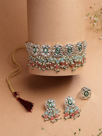 Sukkhi Elegant Fashion Design Gold Plated Pink Green Beads Cluster Drop Kundan Studded Along with Meenakari Work Choker Necklace Drop Earrings & Ring Jewellery For Women & Girls|NS107384