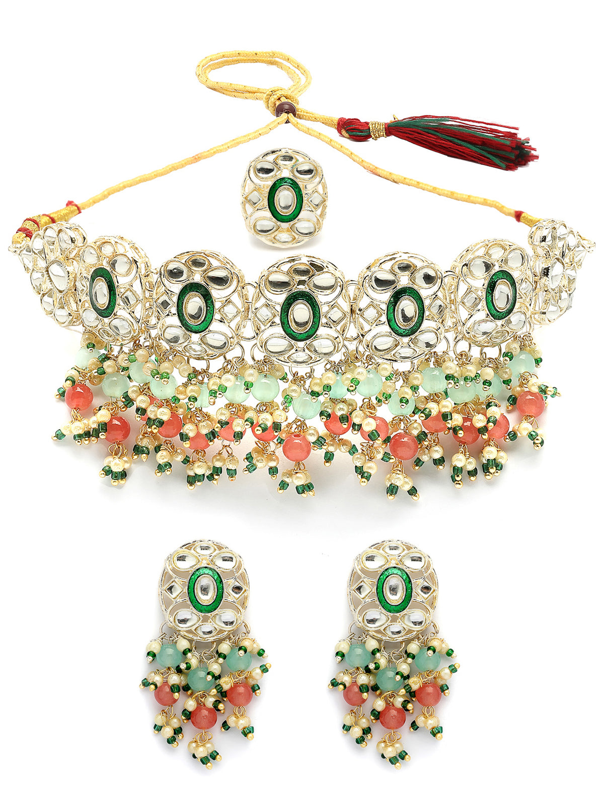 Sukkhi Elegant Fashion Design Gold Plated Pink Green Beads Cluster Drop Kundan Studded Along with Meenakari Work Choker Necklace Drop Earrings & Ring Jewellery For Women & Girls|NS107384