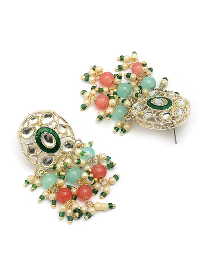Sukkhi Elegant Fashion Design Gold Plated Pink Green Beads Cluster Drop Kundan Studded Along with Meenakari Work Choker Necklace Drop Earrings & Ring Jewellery For Women & Girls|NS107384