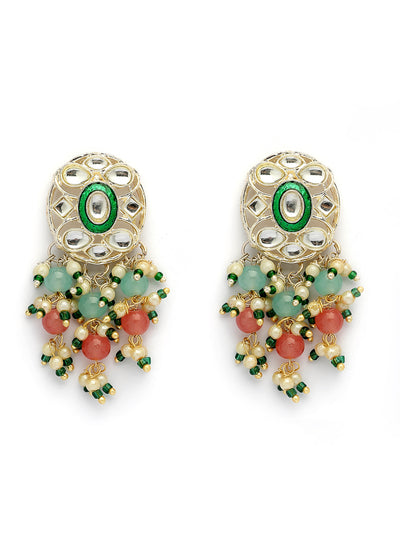 Sukkhi Elegant Fashion Design Gold Plated Pink Green Beads Cluster Drop Kundan Studded Along with Meenakari Work Choker Necklace Drop Earrings & Ring Jewellery For Women & Girls|NS107384