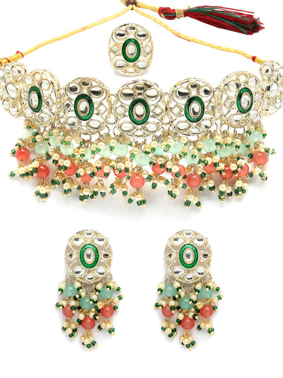 Sukkhi Elegant Fashion Design Gold Plated Pink Green Beads Cluster Drop Kundan Studded Along with Meenakari Work Choker Necklace Drop Earrings & Ring Jewellery For Women & Girls|NS107384