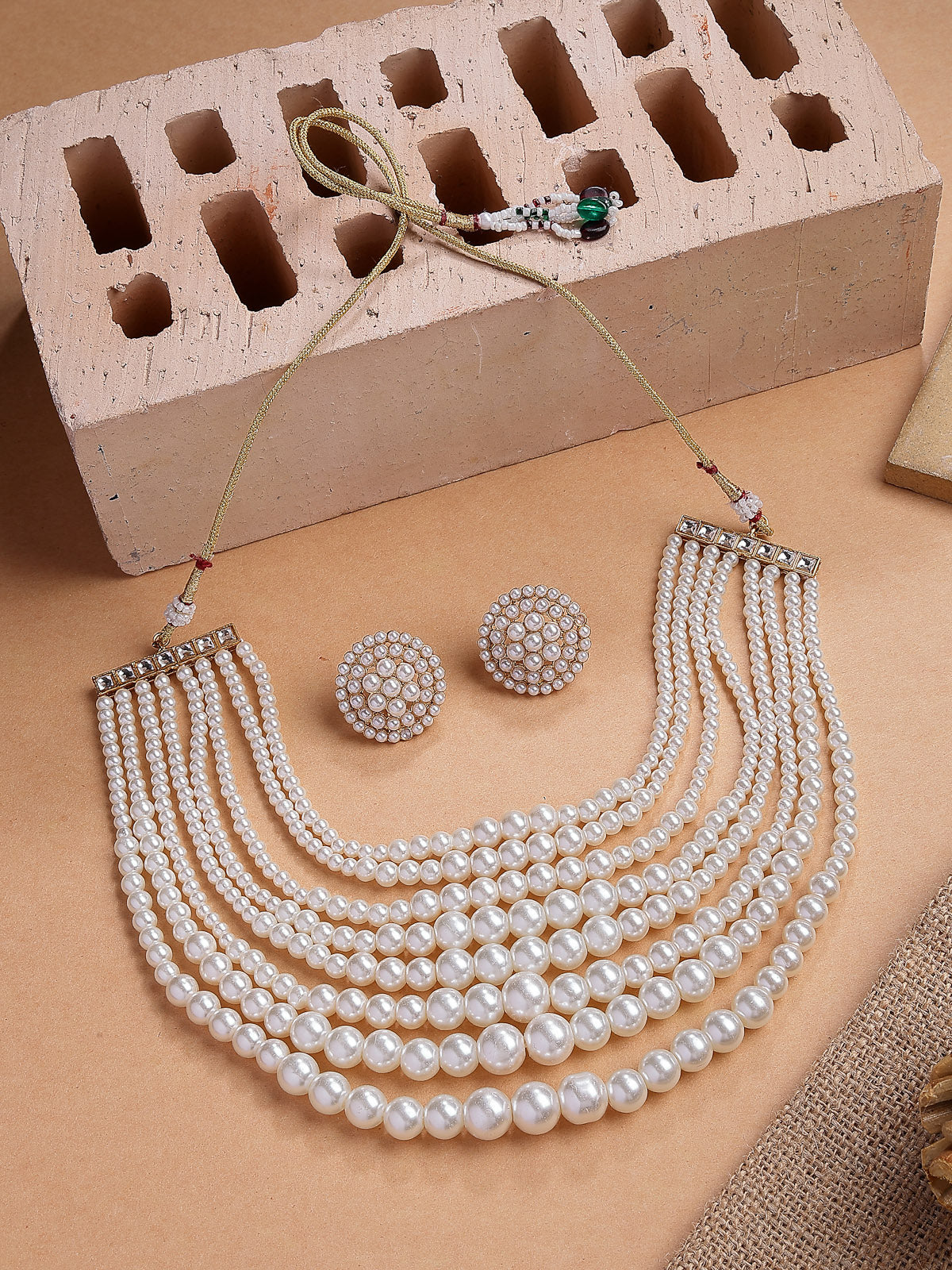 Sukkhi Beautiful Bright Gold Plated Handmade Multilayer Pearls Choker Necklace with Studs Earring Jewellery Set For Women & Girls|Perfect for All Occasions|NS107385