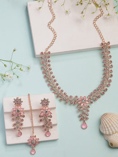 Sukkhi Delicate Fashion Style Gold Plated AD Stones Studded Floral Style Pink Choker Necklace with Dangle Earring & Maangtikk Jewellery Set For Women & Girls|NS107386