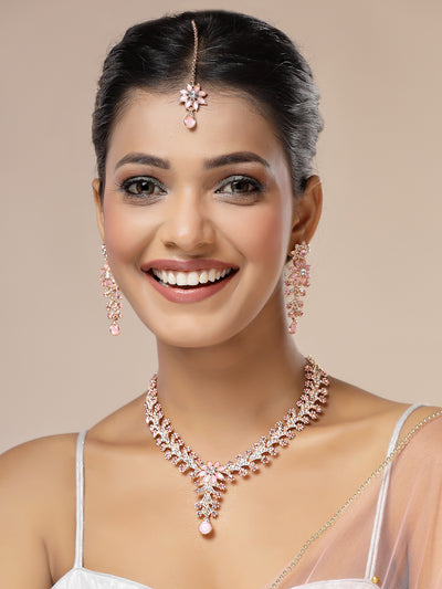 Sukkhi Delicate Fashion Style Gold Plated AD Stones Studded Floral Style Pink Choker Necklace with Dangle Earring & Maangtikk Jewellery Set For Women & Girls|NS107386