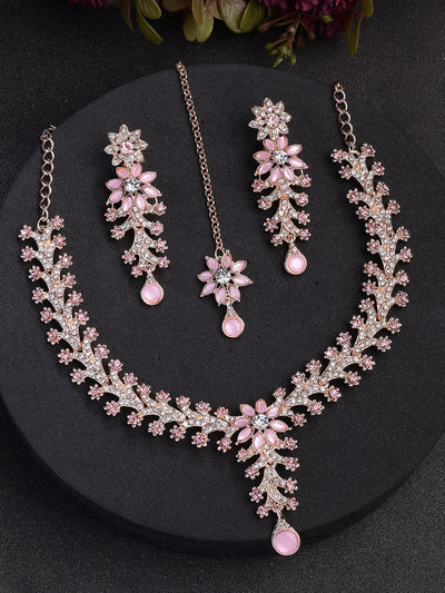 Sukkhi Delicate Fashion Style Gold Plated AD Stones Studded Floral Style Pink Choker Necklace with Dangle Earring & Maangtikk Jewellery Set For Women & Girls|NS107386