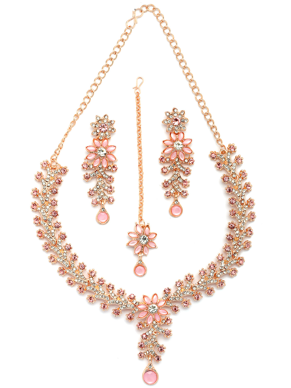 Sukkhi Delicate Fashion Style Gold Plated AD Stones Studded Floral Style Pink Choker Necklace with Dangle Earring & Maangtikk Jewellery Set For Women & Girls|NS107386