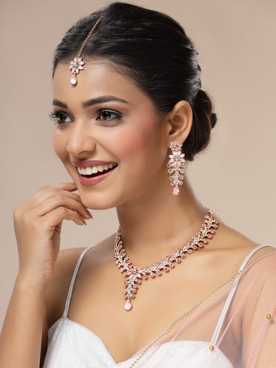 Sukkhi Delicate Fashion Style Gold Plated AD Stones Studded Floral Style Pink Choker Necklace with Dangle Earring & Maangtikk Jewellery Set For Women & Girls|NS107386