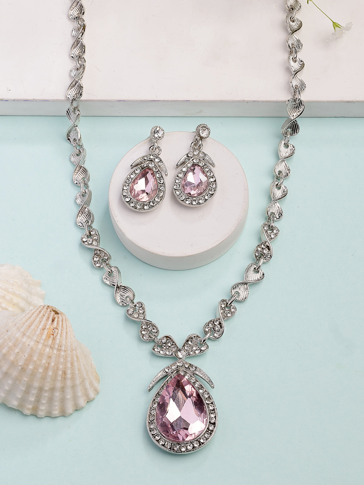 Sukkhi Flawless Fashion Design Rhodium Silver Plated AD Stone Studded Pink Choker Necklace with Drop Earrings Jewellery Set for Women & Girls|NS107387