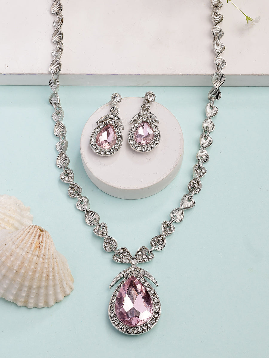 Sukkhi Flawless Fashion Design Rhodium Silver Plated AD Stone Studded Pink Choker Necklace with Drop Earrings Jewellery Set for Women & Girls|NS107387