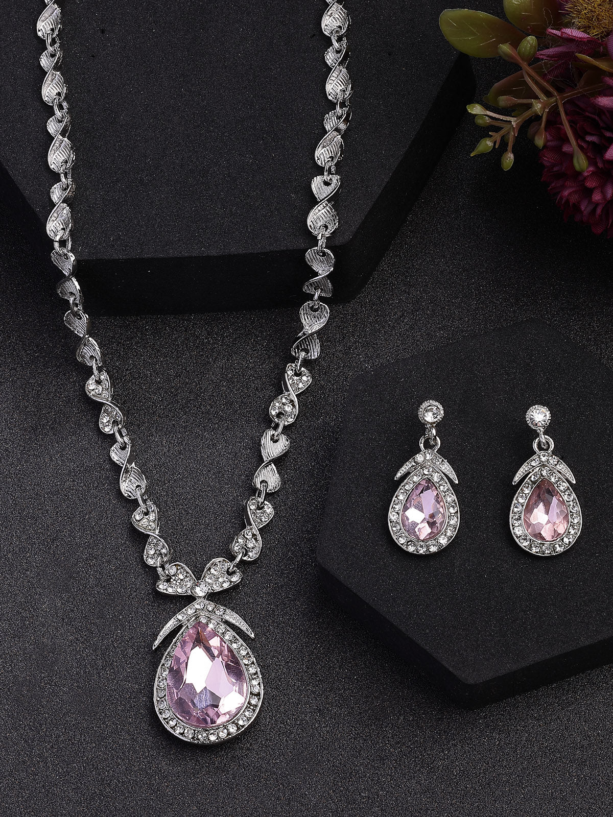 Sukkhi Flawless Fashion Design Rhodium Silver Plated AD Stone Studded Pink Choker Necklace with Drop Earrings Jewellery Set for Women & Girls|NS107387