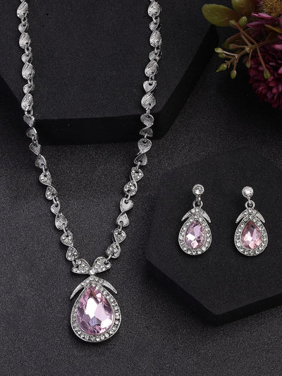 Sukkhi Flawless Fashion Design Rhodium Silver Plated AD Stone Studded Pink Choker Necklace with Drop Earrings Jewellery Set for Women & Girls|NS107387