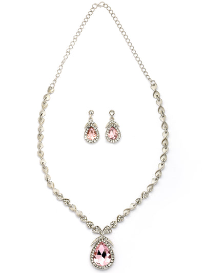 Sukkhi Flawless Fashion Design Rhodium Silver Plated AD Stone Studded Pink Choker Necklace with Drop Earrings Jewellery Set for Women & Girls|NS107387
