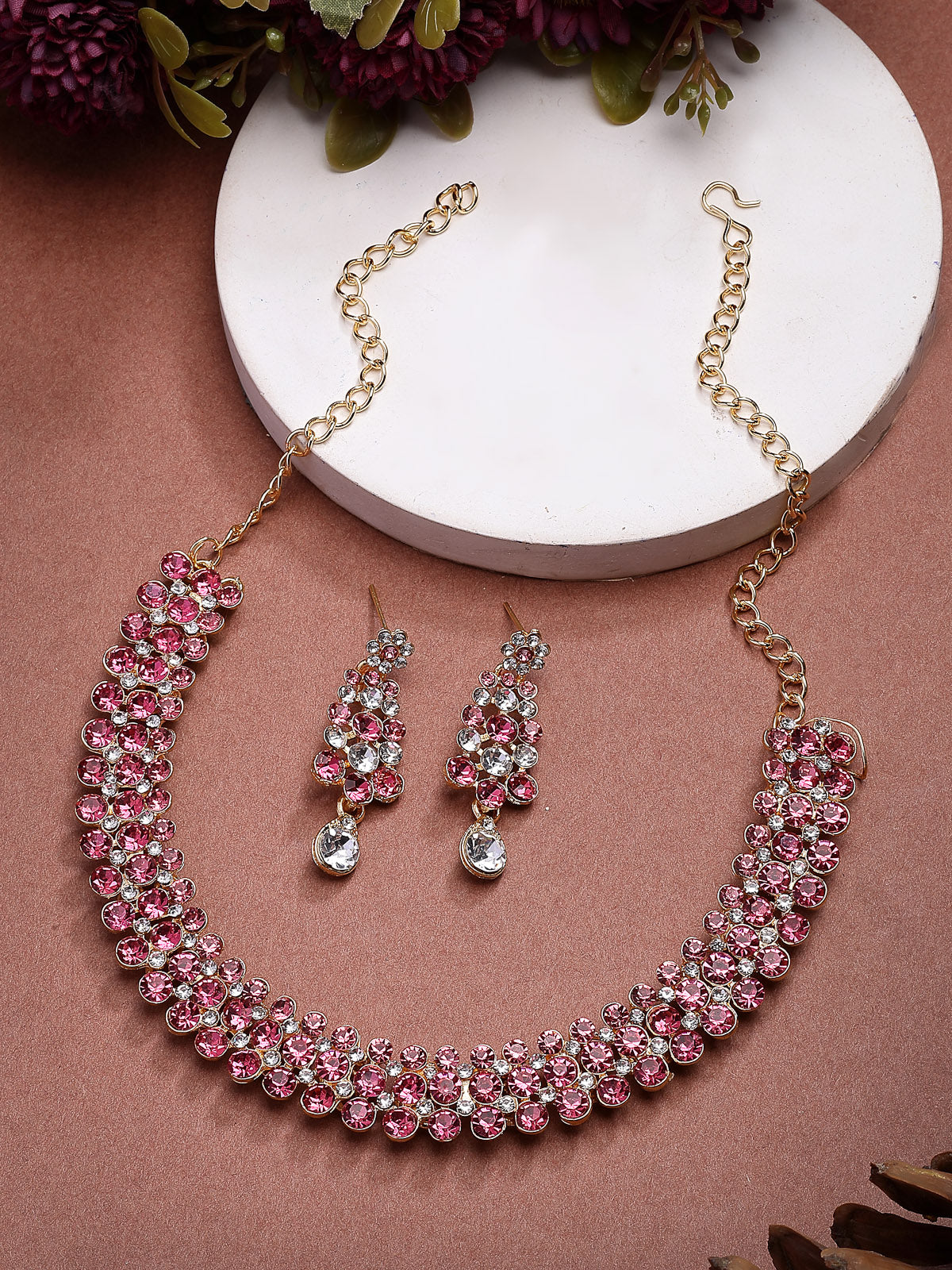 Sukkhi Elegant Fashion Design Gold Plated AD Stones Studded Pink Choker Necklace with Dangle Earring Jewellery For Women & Girls| Best Suited for All Occasions|NS107388