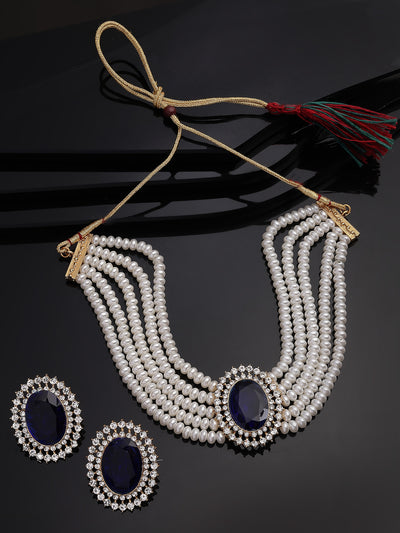 Sukkhi Eye-Catchy Gold Plated with Multi String Faux Pearls Blue Choker Necklace with Studs Earring Jewellery Set For Women & Girls|NS107389