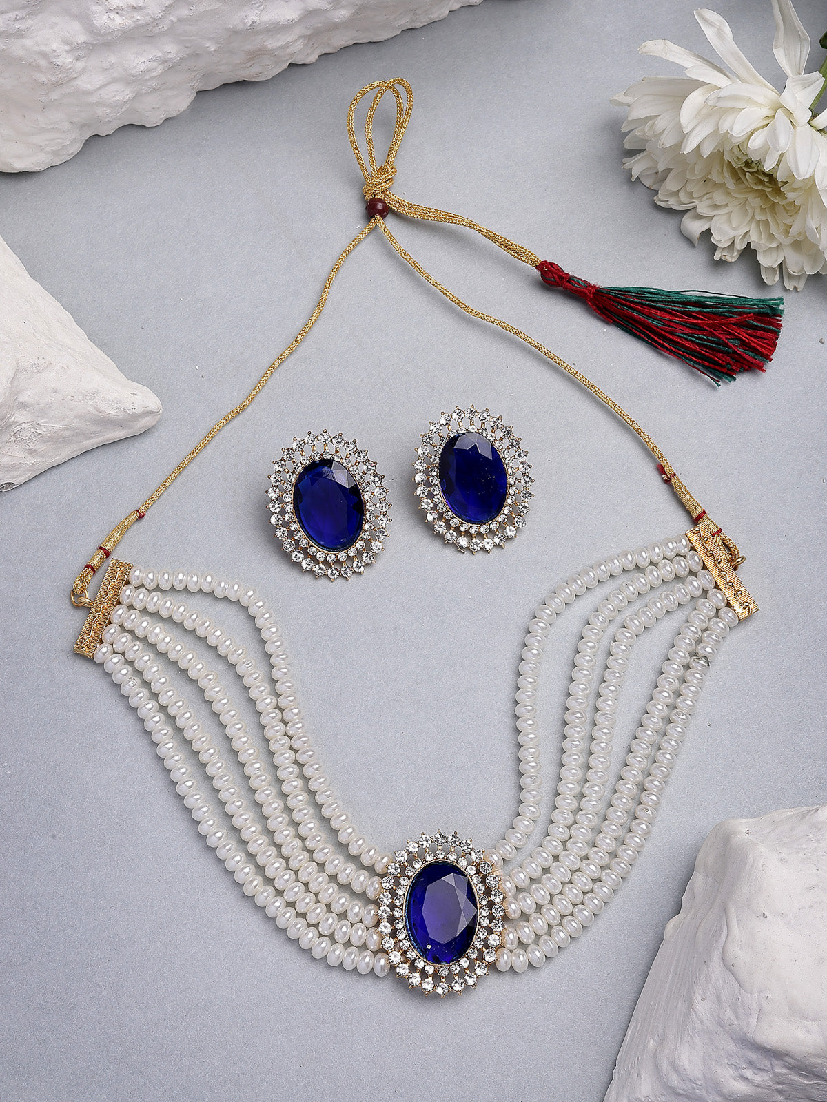 Sukkhi Eye-Catchy Gold Plated with Multi String Faux Pearls Blue Choker Necklace with Studs Earring Jewellery Set For Women & Girls|NS107389