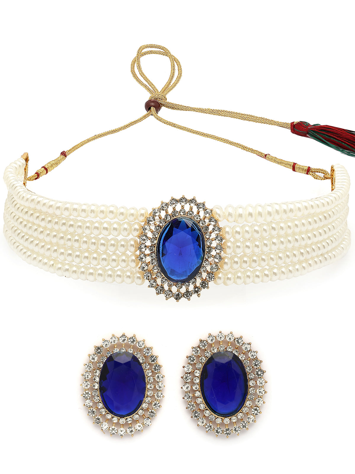 Sukkhi Eye-Catchy Gold Plated with Multi String Faux Pearls Blue Choker Necklace with Studs Earring Jewellery Set For Women & Girls|NS107389