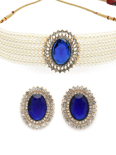 Sukkhi Eye-Catchy Gold Plated with Multi String Faux Pearls Blue Choker Necklace with Studs Earring Jewellery Set For Women & Girls|NS107389