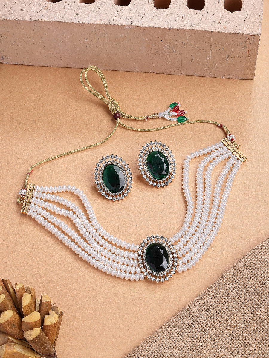 Sukkhi Eye-Catchy Gold Plated with Multi String Faux Pearls Green Choker Necklace with Studs Earring Jewellery Set For Women & Girls|NS107390