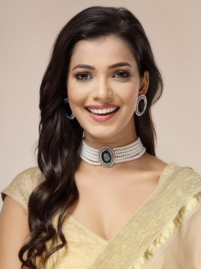 Sukkhi Eye-Catchy Gold Plated with Multi String Faux Pearls Green Choker Necklace with Studs Earring Jewellery Set For Women & Girls|NS107390