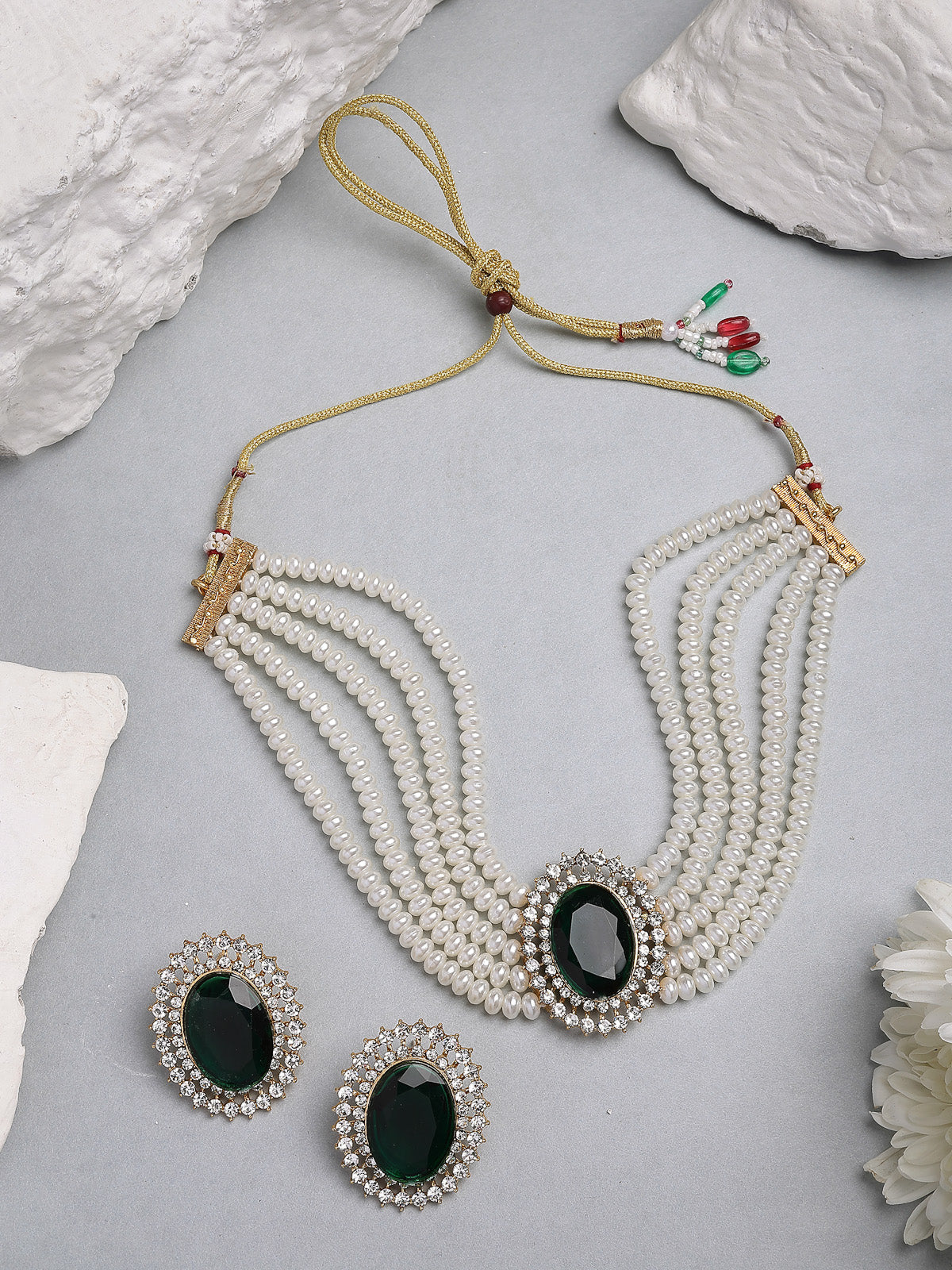 Sukkhi Eye-Catchy Gold Plated with Multi String Faux Pearls Green Choker Necklace with Studs Earring Jewellery Set For Women & Girls|NS107390