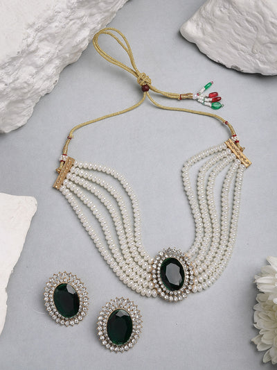 Sukkhi Eye-Catchy Gold Plated with Multi String Faux Pearls Green Choker Necklace with Studs Earring Jewellery Set For Women & Girls|NS107390